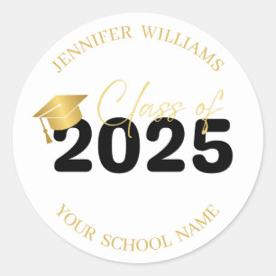 class of 2025 black golden graduation stylish  classic round sticker