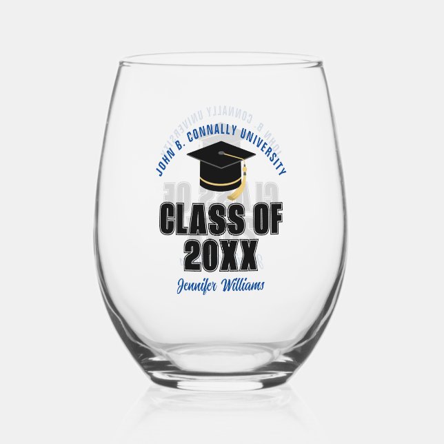 Class of 2025 Blue Graduation Custom Graduate Stemless Wine Glass (Front)