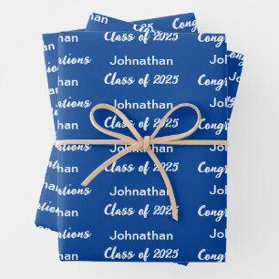 Class of 2025 Blue White Congratulations Grad Name Wrapping Paper Sheet