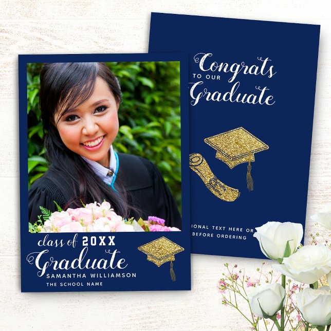 Class of 2025 Blue White Gold Photo Graduation Announcement (Creator Uploaded)