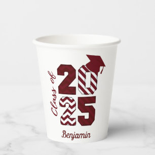 Class of 2025 Burgundy and White Graduation Cap Paper Cups