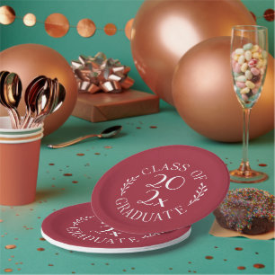 Class Of 2025 Chic Burgundy White Graduation Party Paper Plate