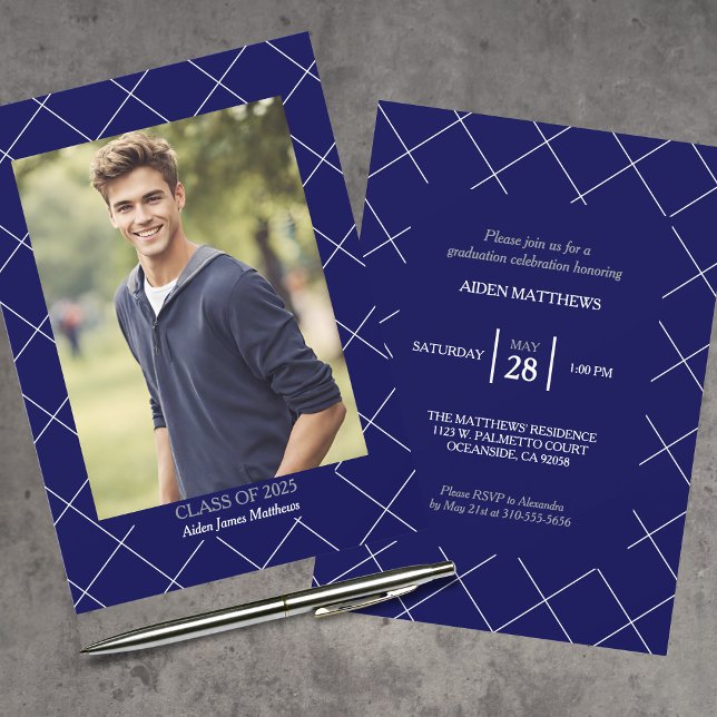 Class of 2025 Classic Navy Blue Photo Graduation Invitation (A classic yet modern invitation to celebrate and honor your graduate.)