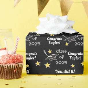Class of 2025 Congrats Grad Black Add Name Wrapping Paper