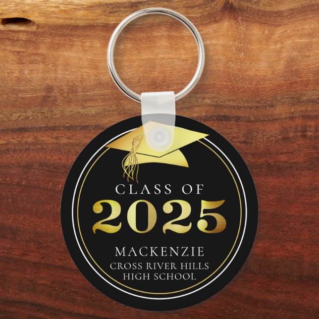 Class of 2025 Elegant Black Gold Personalised Key Ring (Front)