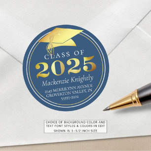 Class of 2025 Elegant Blue Gold Return Address Classic Round Sticker