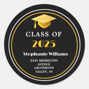 Class of 2025 Elegant Green Gold Return Address Classic Round Sticker