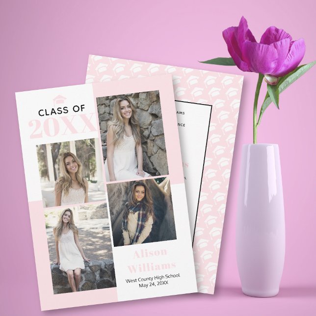 Class of 2025 four photos blush pink graduation announcement (Creator Uploaded)