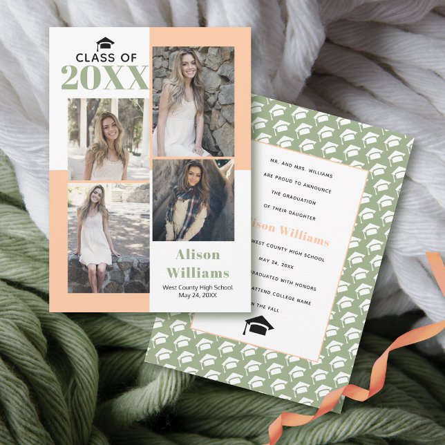 Class of 2025 four photos peach sage graduation announcement (Creator Uploaded)
