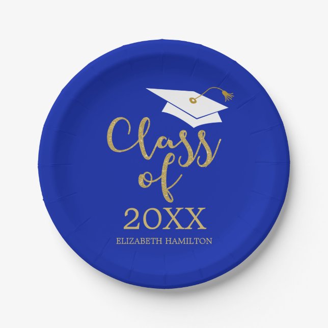 Class of 2025 Gold Glitter Calligraphy Royal Blue Paper Plate (Front)