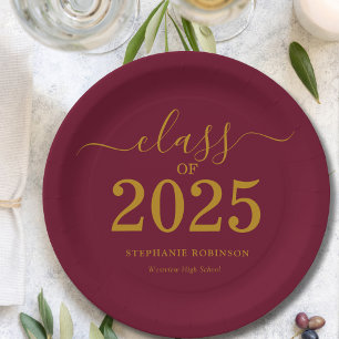 Class of 2025 Gold Maroon Graduation Party Paper Plate