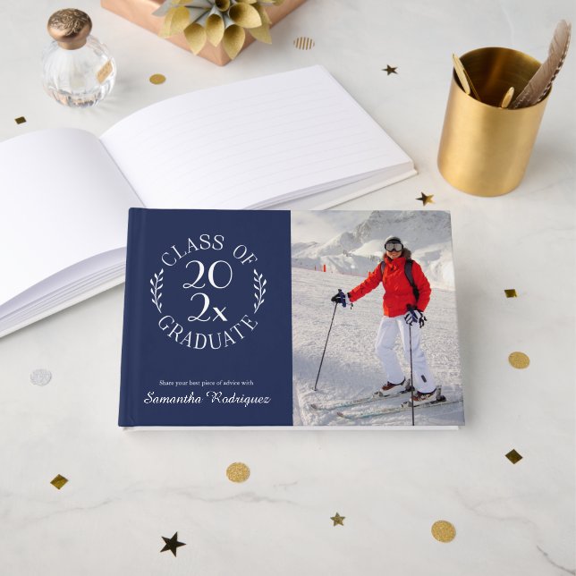 Class of 2025 Grad Photo Navy Pattern Graduation Guest Book (Front Open)