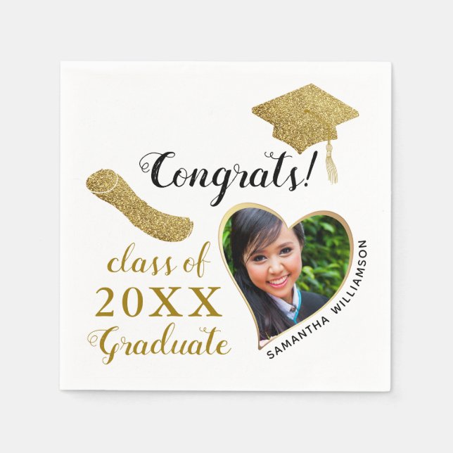 Class of 2025 Grad Photo White and Gold Graduation Napkin (Front)