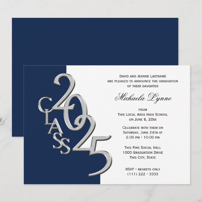 Class of 2025 Grad Silver and Navy Blue Invitation (Front/Back)