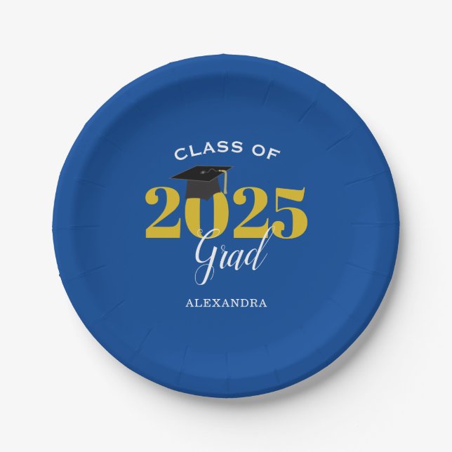 Class of 2025 Grad Simple Blue and Gold  Paper Plate (Front)