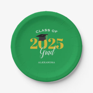 Class of 2025 Grad Simple Green and Gold Paper Plate