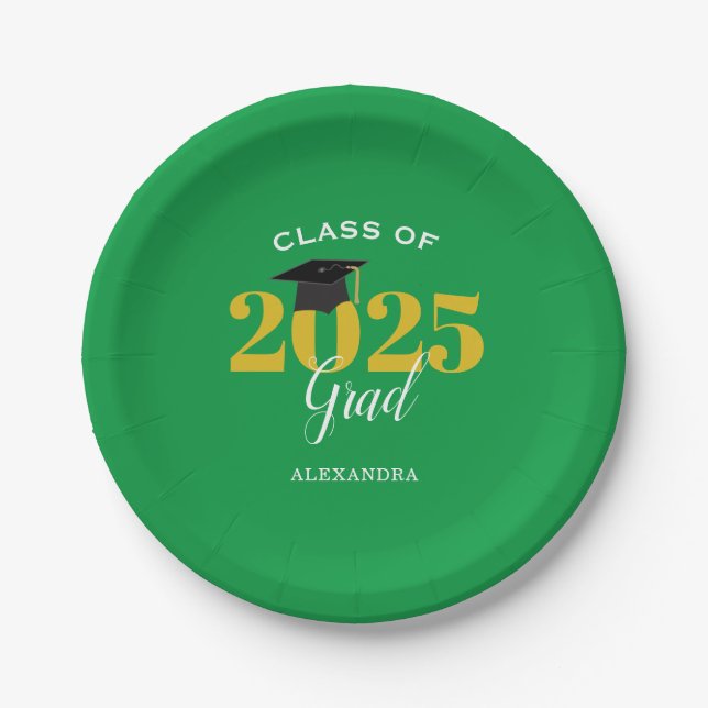 Class of 2025 Grad Simple Green and Gold Paper Plate (Front)