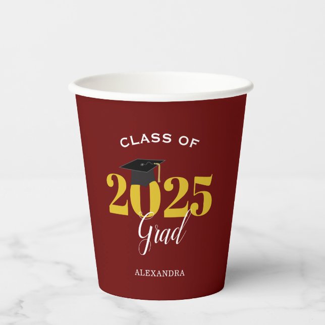 Class of 2025 Grad Simple Maroon and Gold Paper Cups (Front)