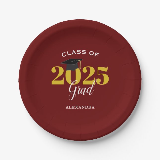 Class of 2025 Grad Simple Maroon and Gold Paper Plate (Front)