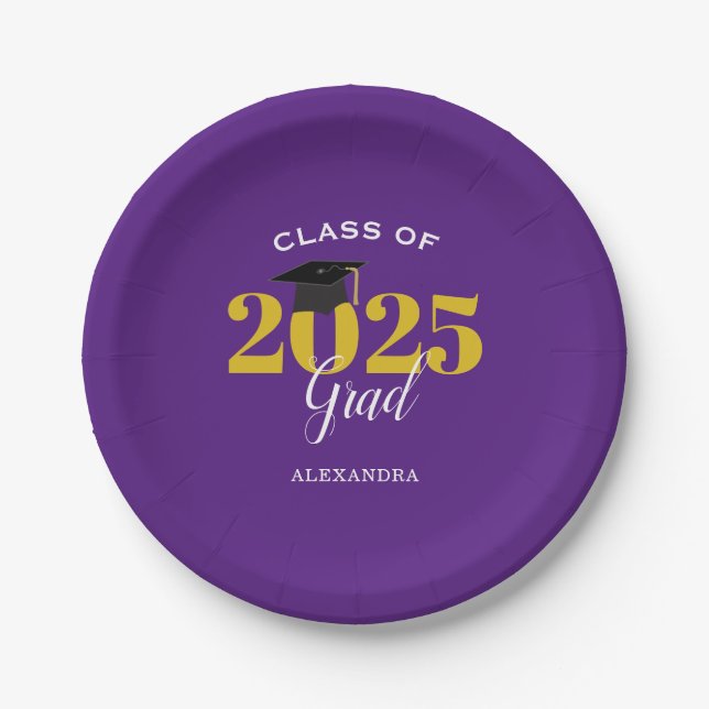 Class of 2025 Grad Simple Purple and Gold Paper Plate (Front)