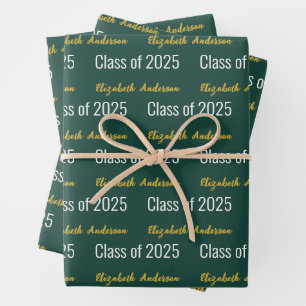 Class of 2025 Grads Full Name Deep Green White  Wrapping Paper Sheet