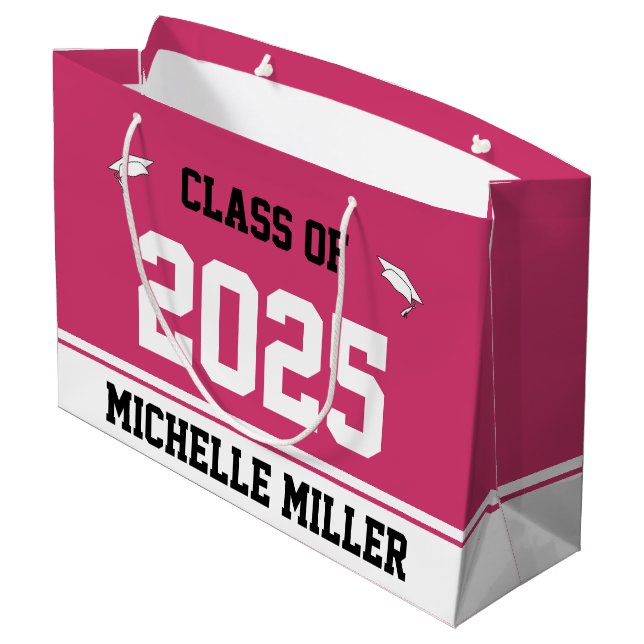 Class of 2025 Grad's Name Magenta White Graduation Large Gift Bag (Back Angled)