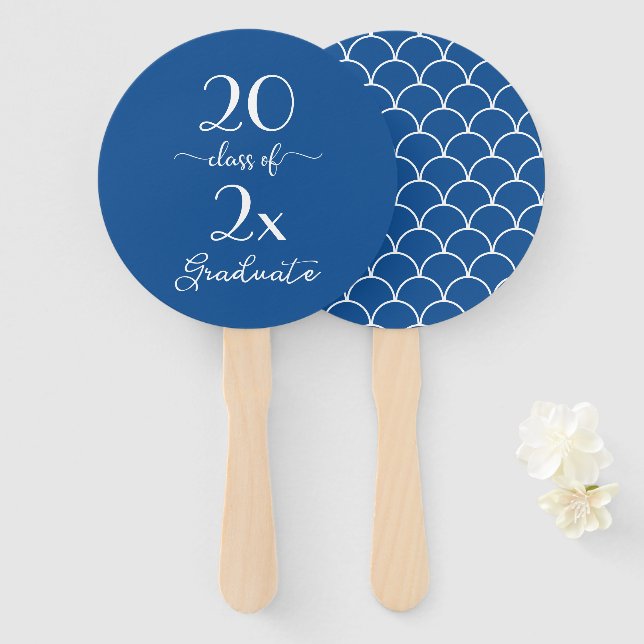 Class Of 2025 Graduate Blue White Pattern Hand Fan (Front and Back)