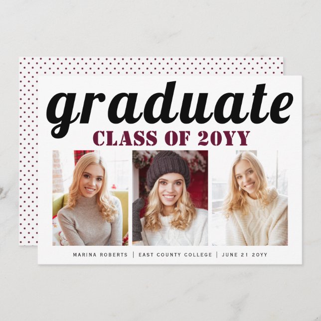 Class of 2025 graduate burgundy typography photo invitation (Front/Back)