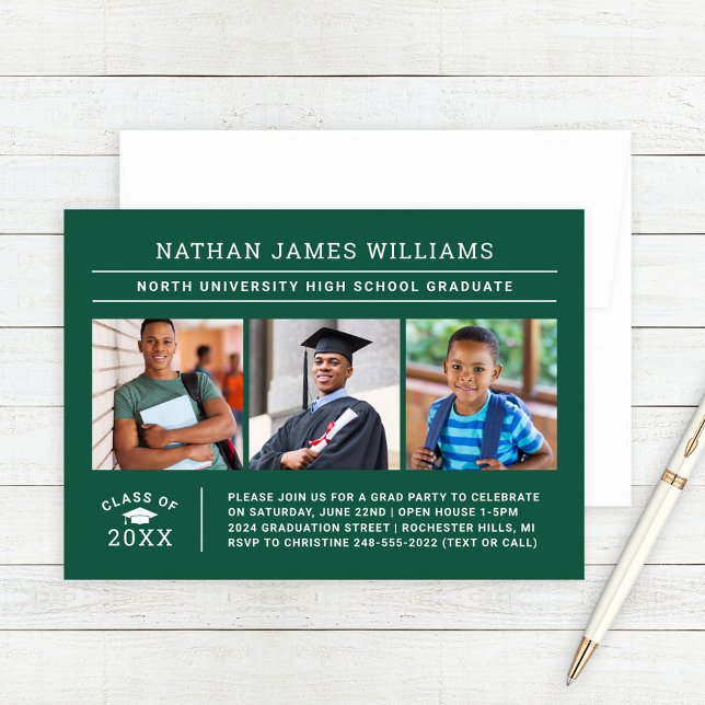 Class of 2025 Graduate Green 3 Photo Graduation Invitation (Creator Uploaded)