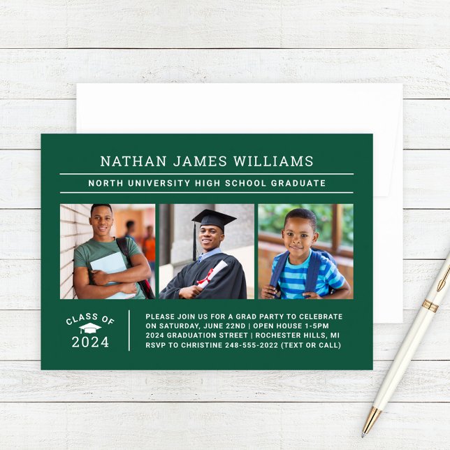 Class of 2025 Graduate Green 3 Photo Graduation Invitation (Creator Uploaded)