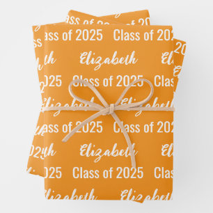 Class of 2025 Graduate Name Royal Orange and White Wrapping Paper Sheet