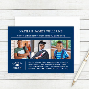 Class of 2025 Graduate Navy 3 Photo Graduation Invitation