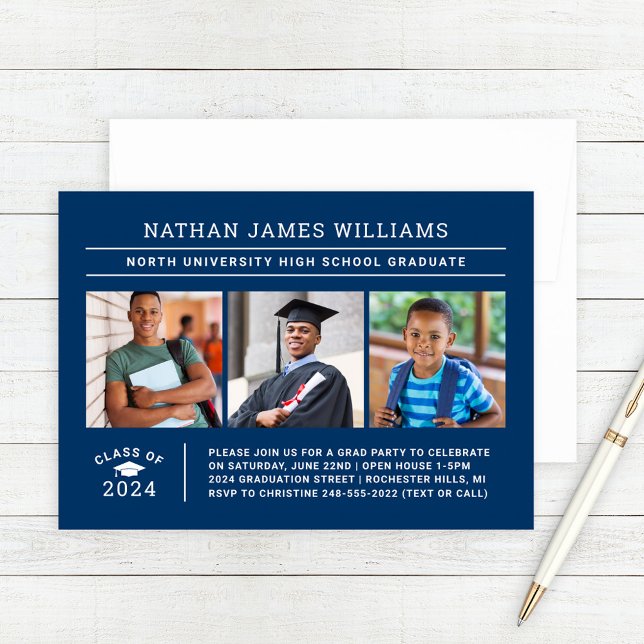 Class of 2025 Graduate Navy 3 Photo Graduation Invitation (Creator Uploaded)