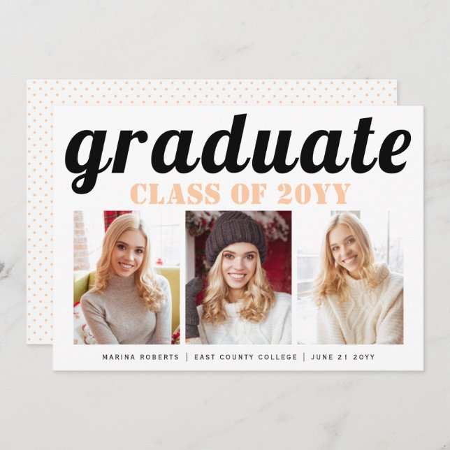 Class of 2025 graduate peach typography photo invitation (Front/Back)