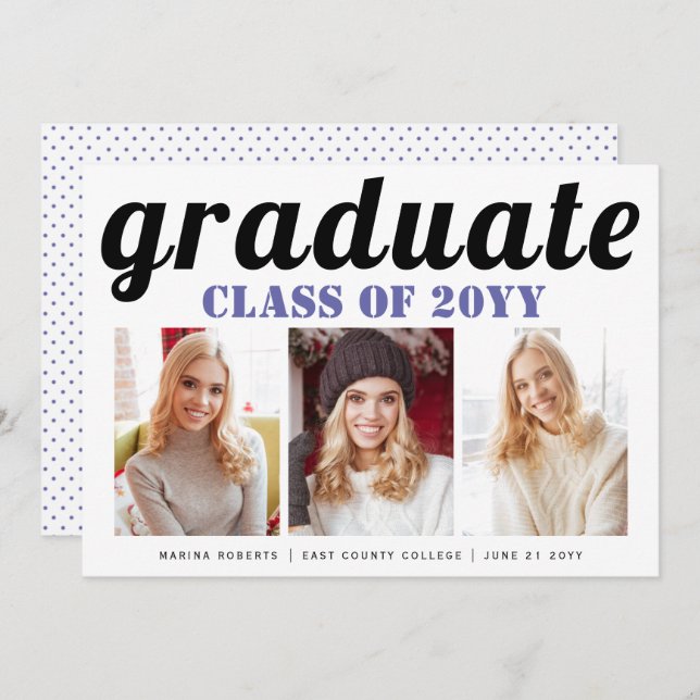 Class of 2025 graduate periwinkle typography photo invitation (Front/Back)