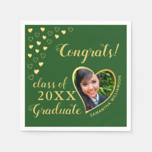 Class of 2025 Graduate Photo Green & Gold Elegant  Napkin