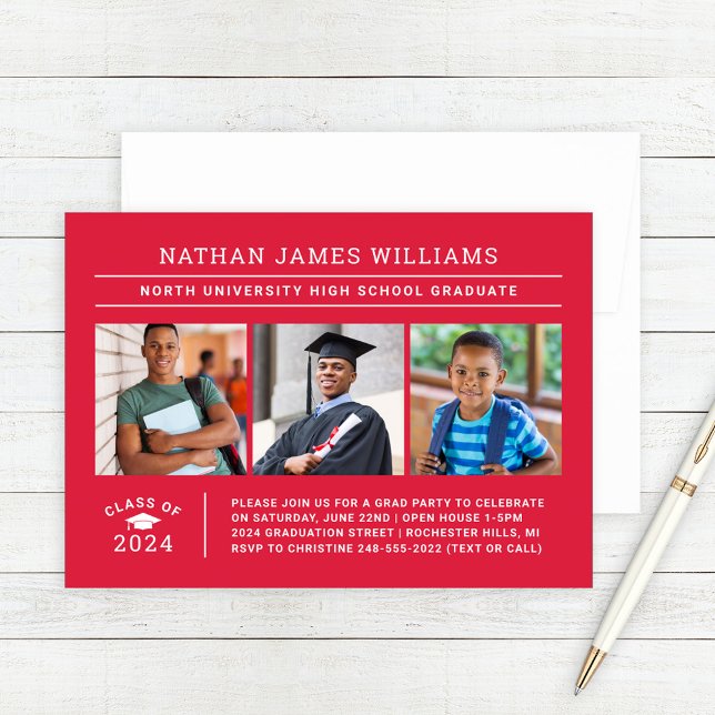 Class of 2025 Graduate Red 3 Photo Graduation Invitation (Creator Uploaded)