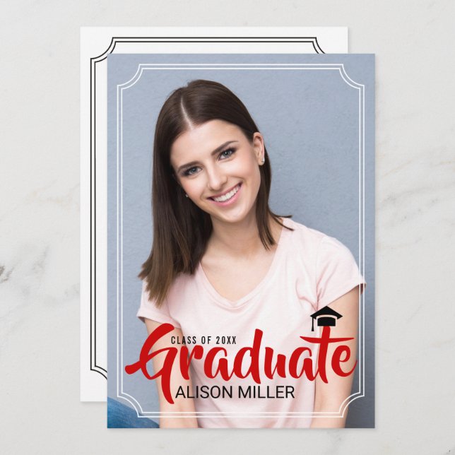Class of 2025 graduate red typography photo invitation (Front/Back)