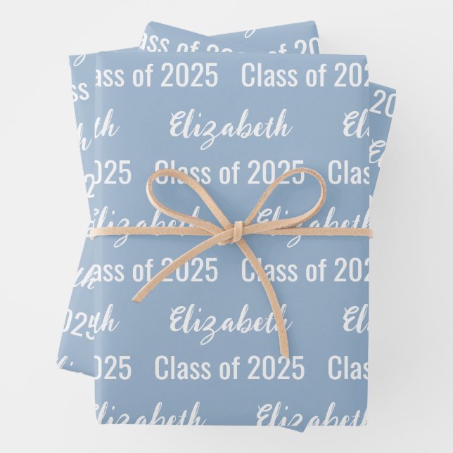 Class of 2025 Graduate's Name Baby Blue and White Wrapping Paper Sheet (In situ)