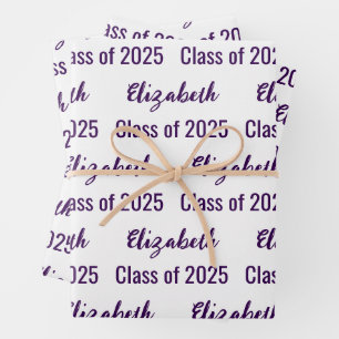 Class of 2025 Graduate's Name White & Dark Purple Wrapping Paper Sheet