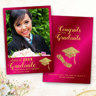 Class of 2025 Hot Pink and Gold Photo Graduation Announcement