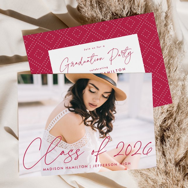 Class of 2025 Magenta Script Photo Graduation Invitation (Creator Uploaded)