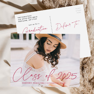 Class of 2025 Magenta Script Photo Graduation Invitation Postcard