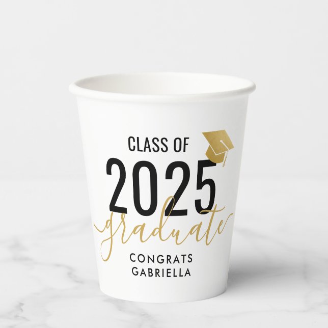 Class of 2025 Modern Black Gold Graduation  Paper Cups (Front)
