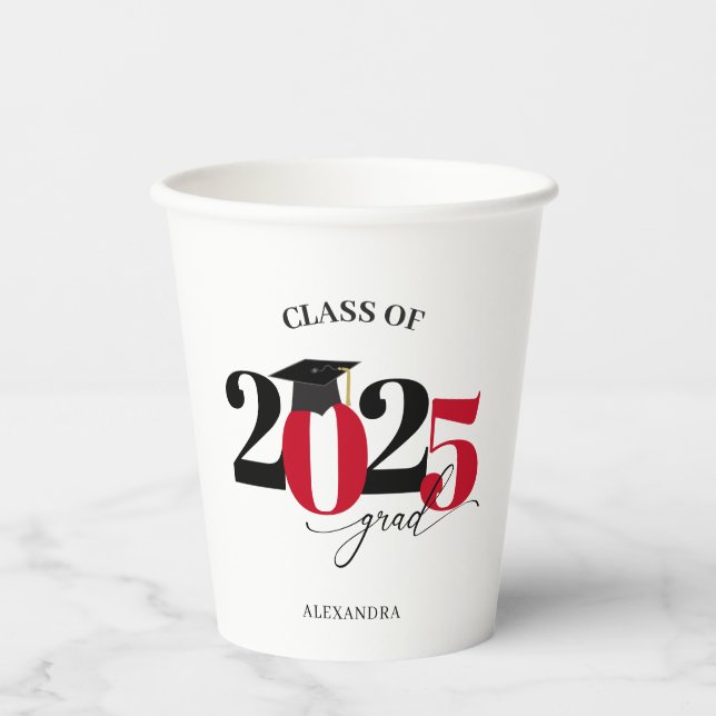 Class of 2025 Modern Tyopgraphy Red Graduation Paper Cups (Front)