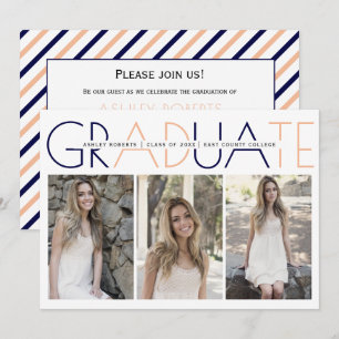 Class of 2025 navy blue, peach graduation photo in invitation