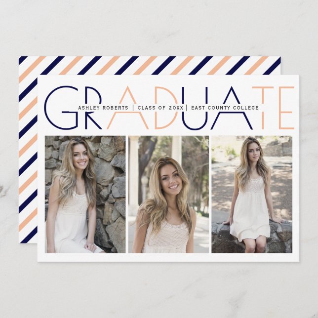 Class of 2025 navy blue, peach graduation photo in invitation (Front/Back)