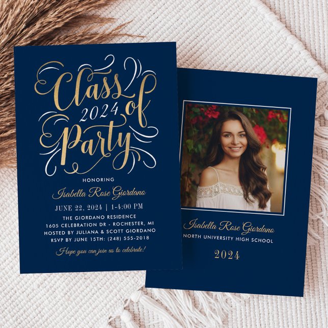 Class of 2025 Navy Gold Graduation Party Photo Invitation (Creator Uploaded)