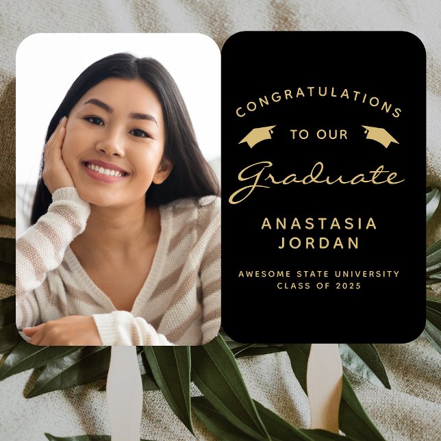 Class of 2025 Photo Black Gold Graduation Hand Fan (Creator Uploaded)
