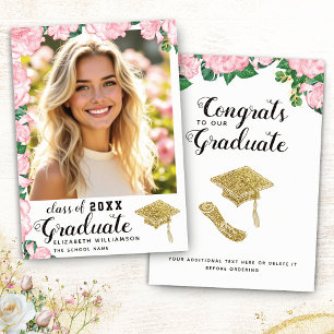 Class of 2025 Pink Roses on White Photo Graduation Announcement